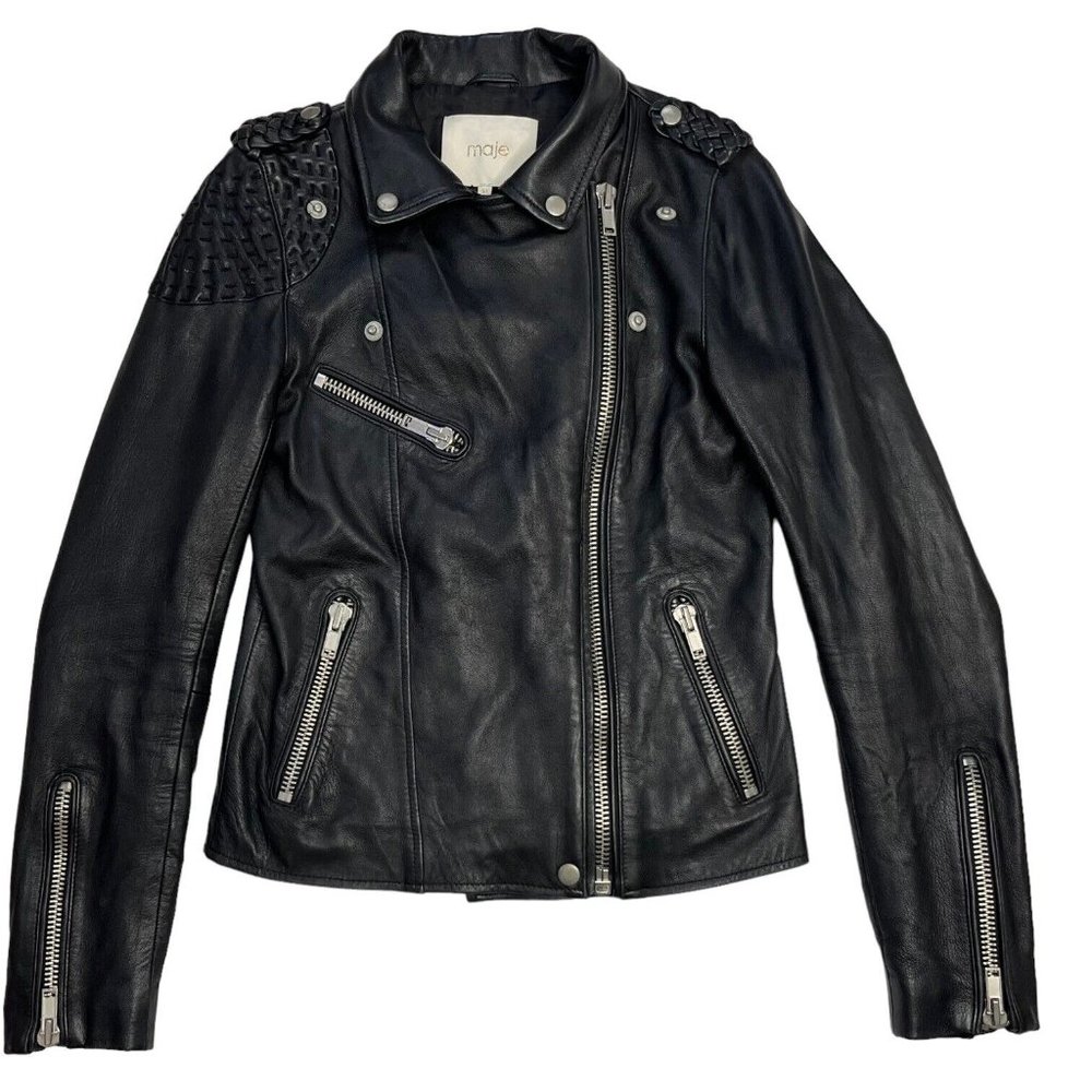 Maje Biker Moto Zip Jacket Black Lamb Leather Size 38 - Picture 6 of 16